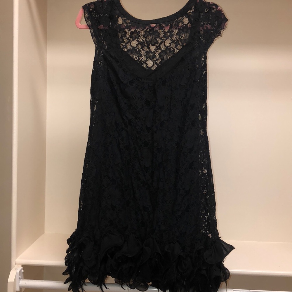 Black lace dress with feather detail